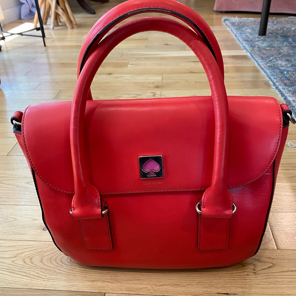 Orange leather Kate Spade bag- pink & gold heart
